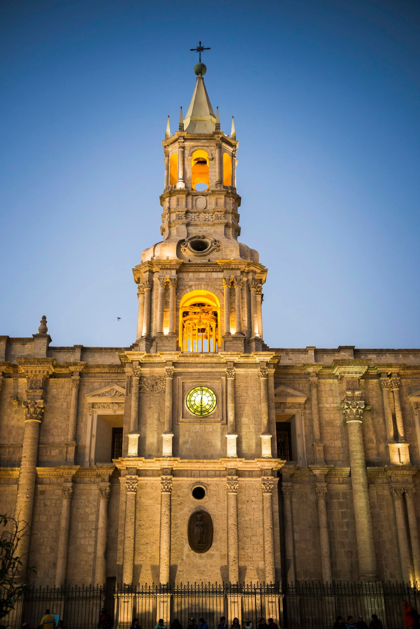 Basilica Cathedral of Arequipa at night, Arequipa, Peru, South America
